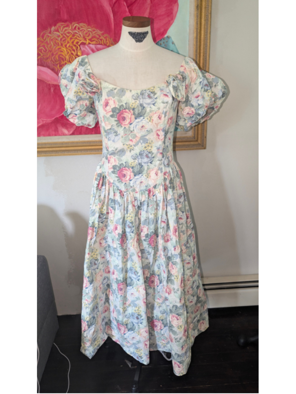 Vintage 80s Jessica Mcclintock Floral Midi Dress Size M White Pink Puff Sleeve